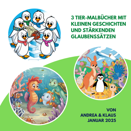 3 Tiermalbücher mit kleinen Geschichten und stärke