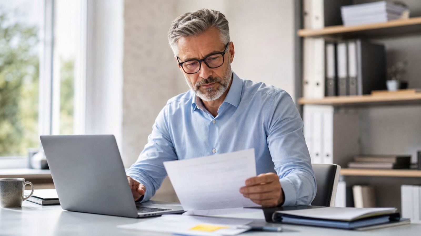 Berater in aufgeräumtem Büro prüft Unterlagen am Laptop und steht für Klarheit, Struktur und verlässliche Ordnung im Arbeitsalltag.