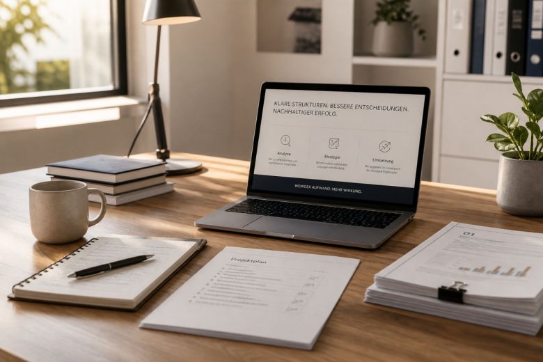 Ein strukturierter Arbeitsplatz mit Laptop, Unterlagen und klaren Abläufen als Einladung zu weniger Reibung, mehr Übersicht und wirksamer Unterstützung im Alltag.