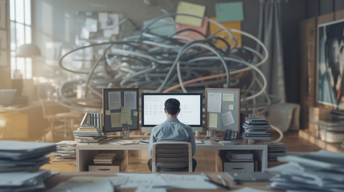 Ordentlich strukturierter Arbeitsplatz mit klar sortierten Unterlagen und digitalen Hilfsmitteln als Sinnbild für Struktur statt Chaos und alltagstaugliche Systeme.