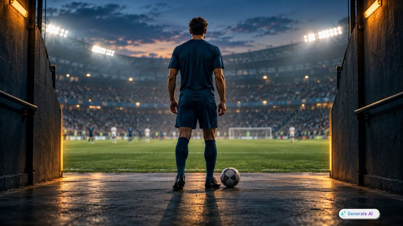 Ein Fußballspieler steht am Tunnelausgang und blickt auf das Spielfeld unter Flutlicht.