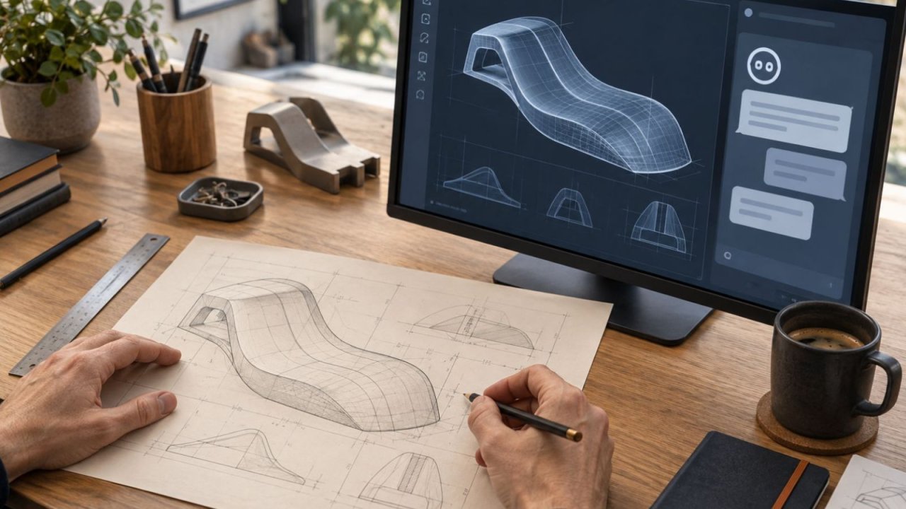 Hände bearbeiten eine technische Zeichnung einer Freiformfläche; daneben zeigt ein Monitor das entsprechende 3D-Modell und einen symbolischen KI-Dialog.